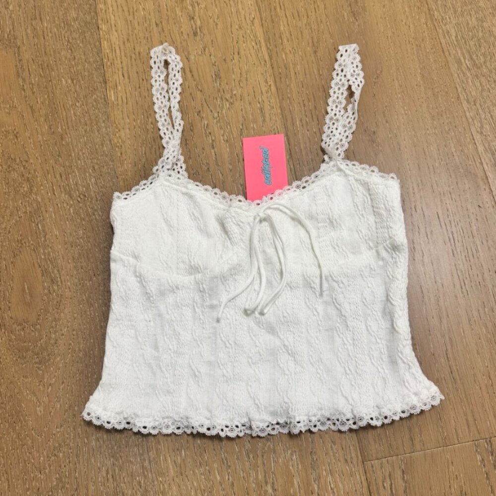 Edikted Lacey Knit Tank Top (Color: White, Size: S)